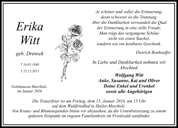 Traueranzeige von Erika Witt von  GT am Sonntag