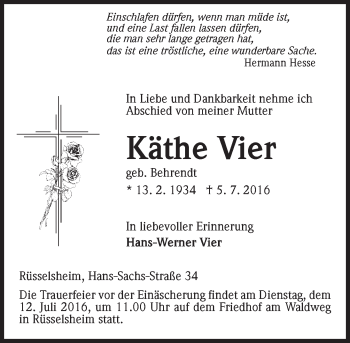 Traueranzeige von Käthe Vier von Trauerportal Rhein Main Presse