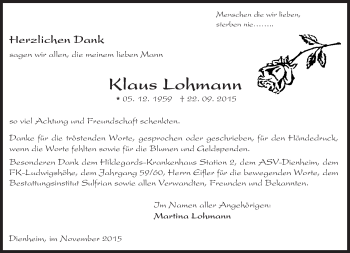 Traueranzeige von Klaus Lohmann von  Landskrone
