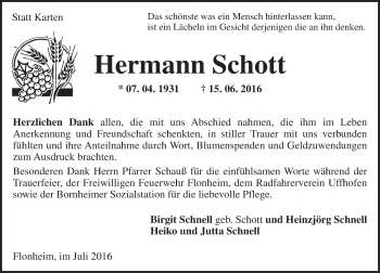 Traueranzeige von Hermann Schott von Trauerportal Rhein Main Presse