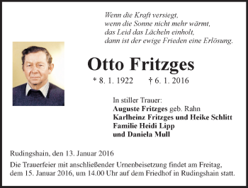 Traueranzeige von Otto Fritzges von  Kreisanzeiger