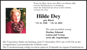 Traueranzeige von Hilde Dey von  Gelnhäuser Tageblatt