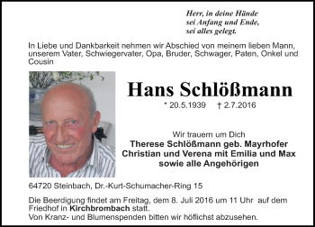Traueranzeige von Hans Schlößmann von Trauerportal Echo Online