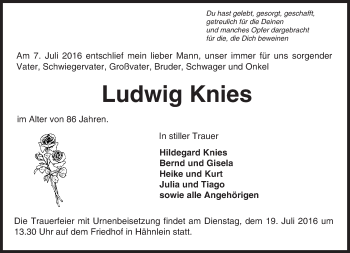 Traueranzeige von Ludwig Knies von Trauerportal Echo Online
