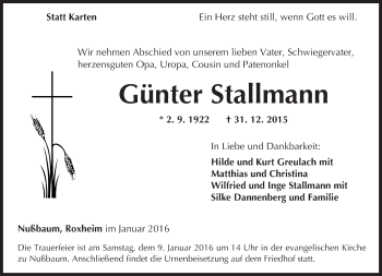 Traueranzeige von Günter Stallmann von  Allg. Zeitung Bad Kreuznach
