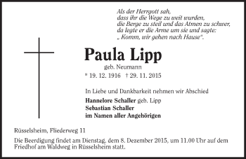 Traueranzeige von Paula Lipp von  Mainspitze