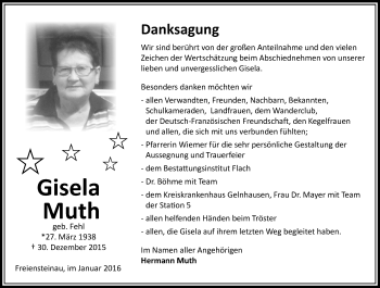 Traueranzeige von Gisela Muth von  OK Oberhessen Kurier