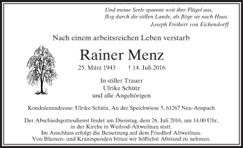 Traueranzeige von Rainer Menz von  Usinger Anzeiger Traueranzeige von Rainer Menz von  Usinger Anzeiger