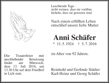 Traueranzeige von Anni Schäfer von  Gießener Anzeiger