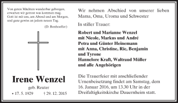 Traueranzeige von Irene Wenzel von  Kreisanzeiger