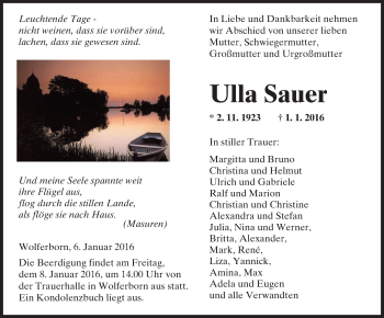 Traueranzeige von Ulla Sauer von  Kreisanzeiger