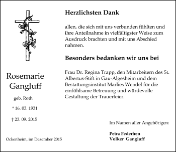 Traueranzeige von Rosemarie Gangluff von  Allgemeine  Zeitung Ingelheim-Bingen
