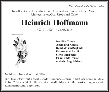 Traueranzeige von Heinrich Hoffmann von VRM Trauer