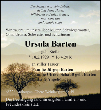 Traueranzeige von Ursula Barten von  WK-UTA/Aar-Bote