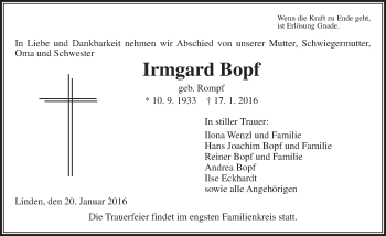 Traueranzeige von Irmgard Bopf von  Gießener Anzeiger