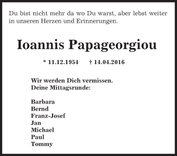 Traueranzeige von Ioannis Papageorgiou von  Wiesbaden komplett