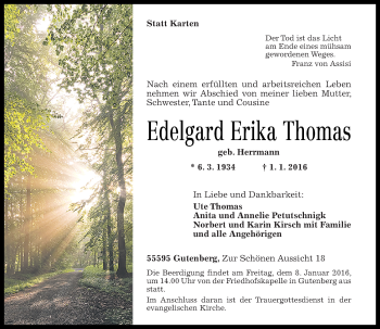 Traueranzeige von Edelgard Erika Thomas von  Allg. Zeitung Bad Kreuznach