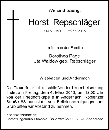 Traueranzeige von Horst Repschläger von  Wiesbaden komplett