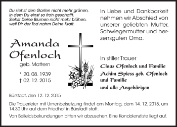 Traueranzeige von Amanda Ofenloch von  Bürstädter Zeitung