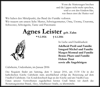 Traueranzeige von Agnes Leister von  Allgemeine Zeitung Alzey