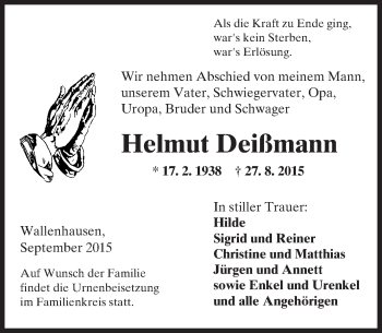 Traueranzeige von Helmut Deißmann von  Kreisanzeiger