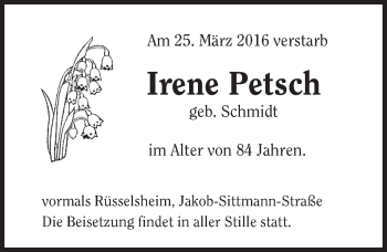 Traueranzeige von Irene Petsch von  Mainspitze