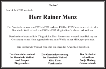 Traueranzeige von Rainer Menz von  Usinger Anzeiger Traueranzeige von Rainer Menz von  Usinger Anzeiger