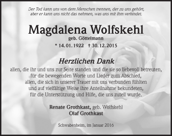 Traueranzeige von Magdalena Wolfskehl von  Allgemeine Zeitung Alzey