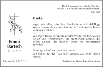 Traueranzeige von Emmi Bartsch von  Gießener Anzeiger