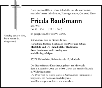 Traueranzeige von Frieda Baußmann von  Allgemeine Zeitung Alzey