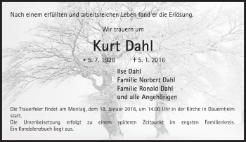 Traueranzeige von Kurt Dahl von  Kreisanzeiger