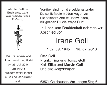 Traueranzeige von Irene Goll von  Gelnhäuser Tageblatt