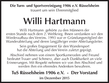 Traueranzeige von Willi Hartmann von  Mainspitze