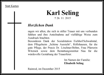 Traueranzeige von Karl Seling von VRM Trauer