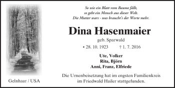 Traueranzeige von Dina Hasenmaier von  Kreisanzeiger