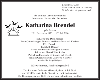 Traueranzeige von Katharina Brendel von  Usinger Anzeiger