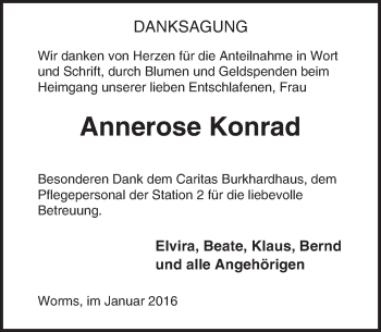 Traueranzeige von Annerose Konrad von  Wormser Zeitung