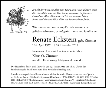 Traueranzeige von Renate Eckstein von VRM Trauer