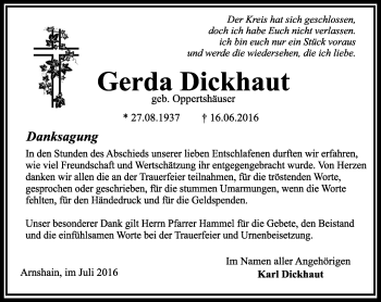 Traueranzeige von Gerda Dickhaut von VRM Trauer