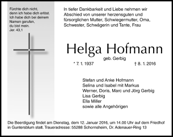 Traueranzeige von Helga Hofmann von  Allgemeine Zeitung Mainz