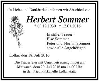 Traueranzeige von Herbert Sommer von  Gießener Anzeiger