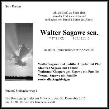Traueranzeige von Walter Sagawe von VRM Trauer