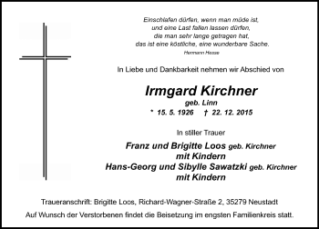 Traueranzeige von Irmgard Kirchner von VRM Trauer