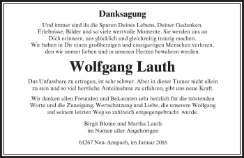 Traueranzeige von Wolfgang Lauth von  Usinger Anzeiger