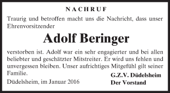 Traueranzeige von Adolf Beringer von  Kreisanzeiger