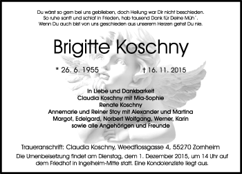Traueranzeige von Brigitte Koschny von  Allgemeine  Zeitung Ingelheim-Bingen