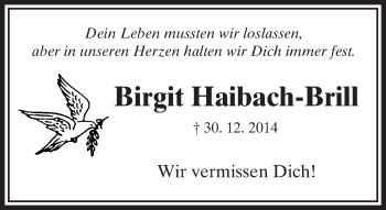 Traueranzeige von Birgit Haibach-Brill von  Gelnhäuser Tageblatt