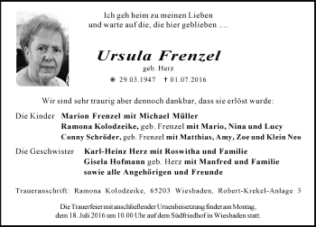 Traueranzeige von Ursula Frenzel von Trauerportal Rhein Main Presse