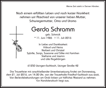 Traueranzeige von Gerda Schramm von  Usinger Anzeiger