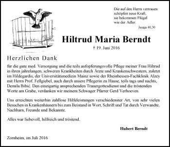 Traueranzeige von Hiltrud Maria Berndt von Trauerportal Rhein Main Presse